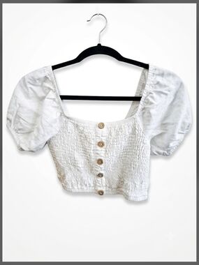 White Puff Sleeve Smocked Button-Front Crop Top